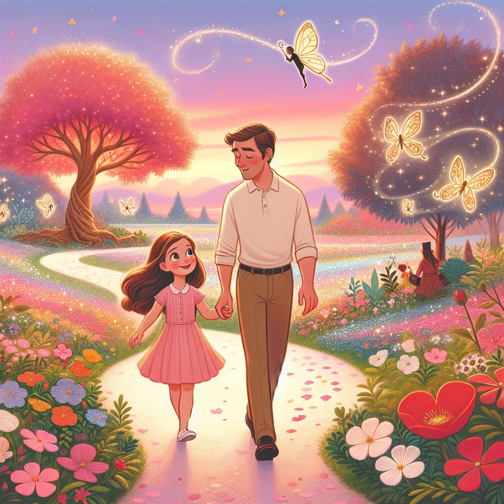 Dad and daughter walking together in a magical story world