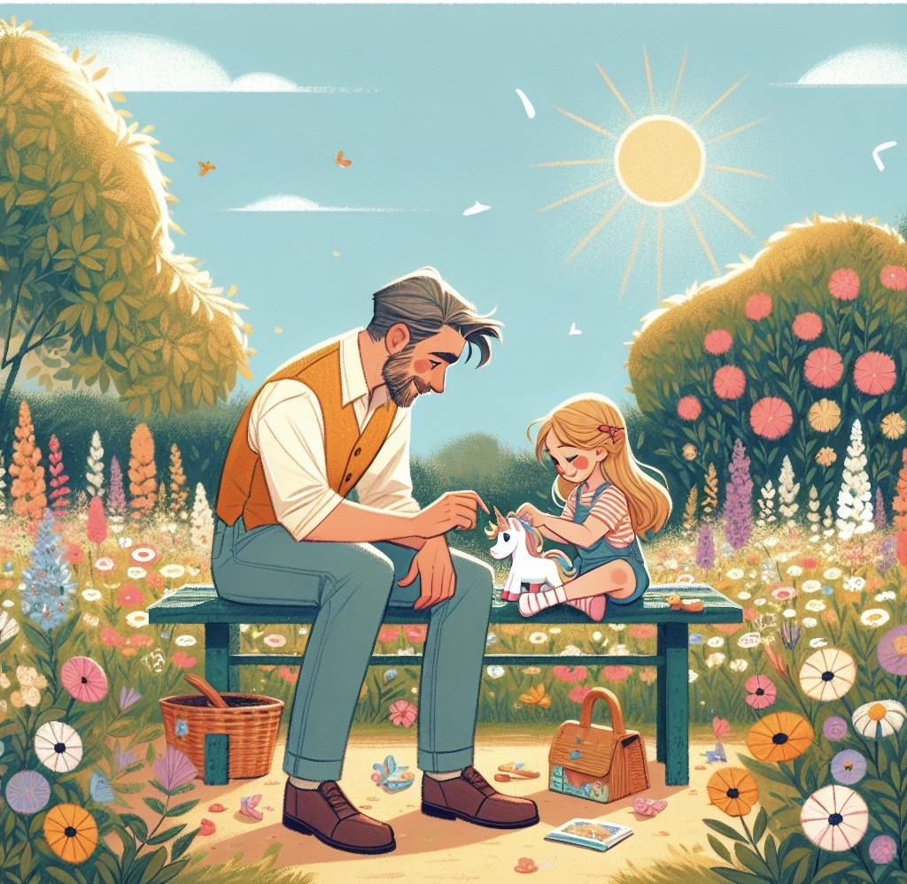 Dad and child sharing a magical moment together in a beautiful garden scene with flowers and sunshine