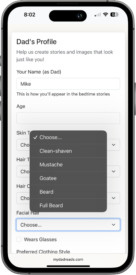 Dad's Profile setup on mobile