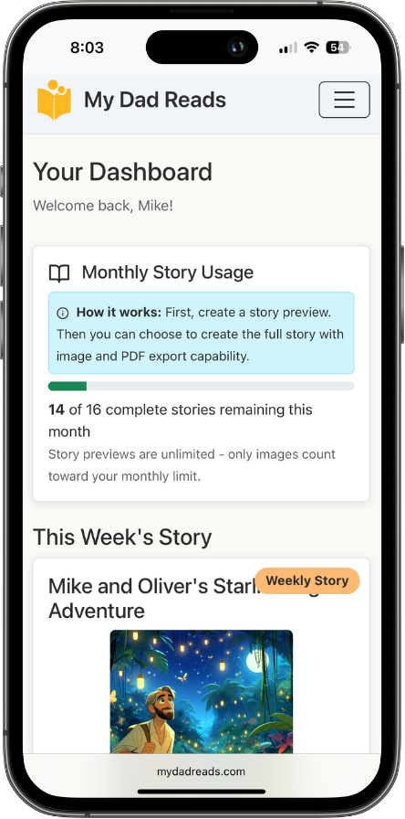 Your Dashboard with stories on mobile