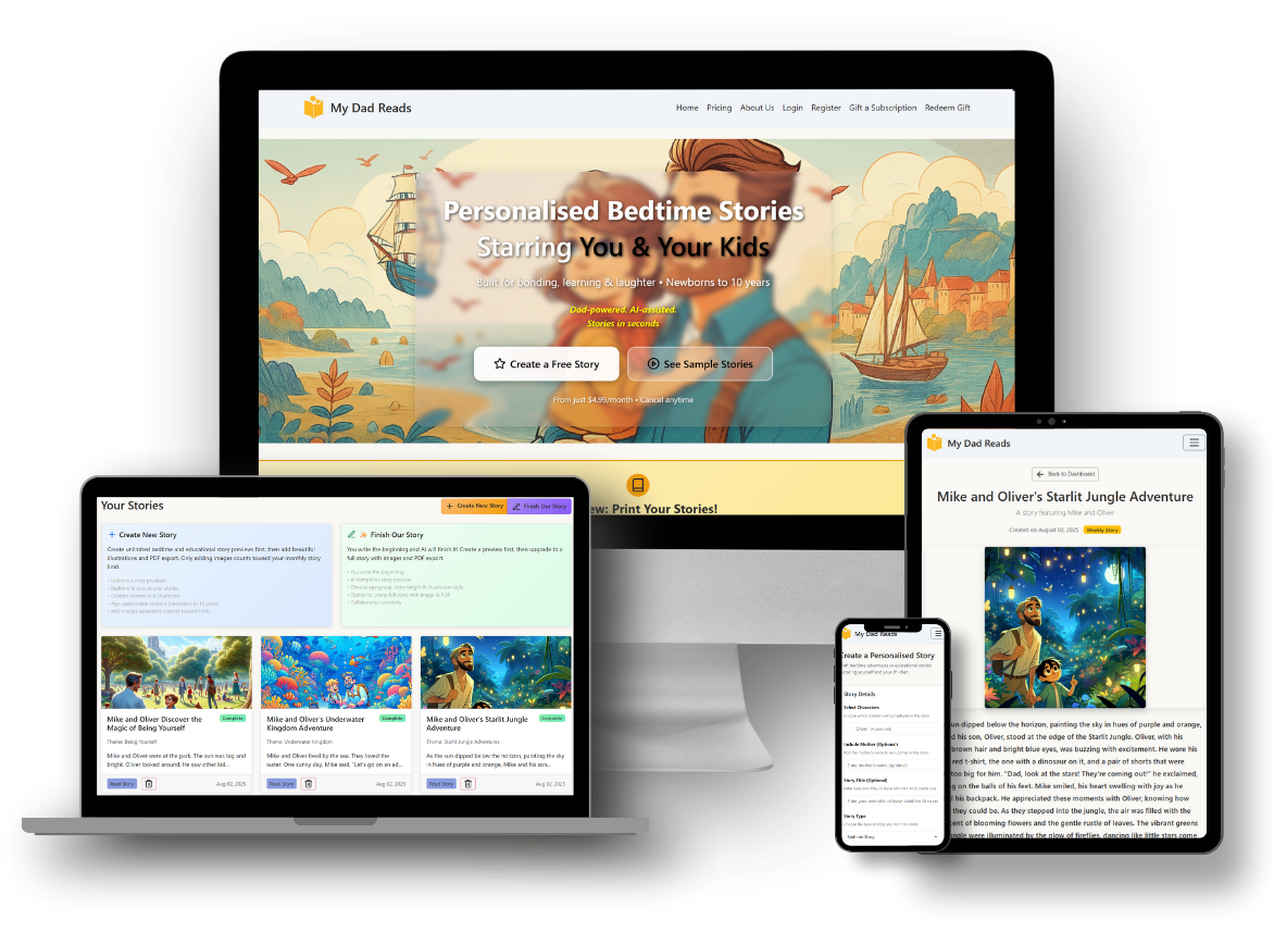 My Dad Reads platform showcased across laptop, tablet and mobile devices showing personalized bedtime stories